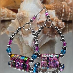 Beautiful Handmade Pink Foil Glass Beaded Hoop Earrings